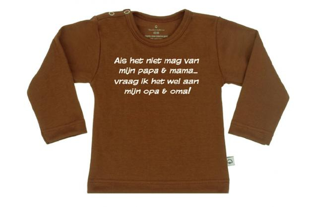 Wooden Buttons t-shirt lm  als het niet van mama mag Choco