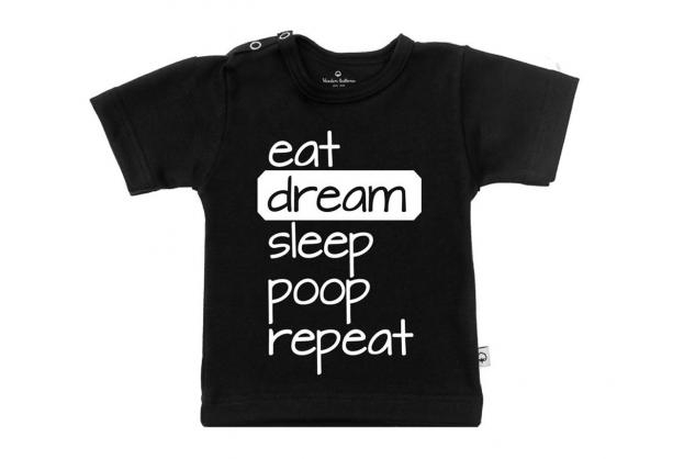 Wooden Buttons t-shirt km eat dream sleep poop repeat old zwart