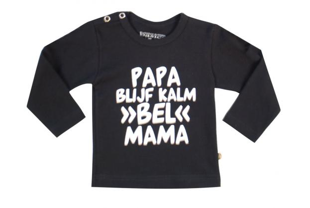 Wooden Buttons t-shirt lm  Papa blijf rustig bel Mama zwart