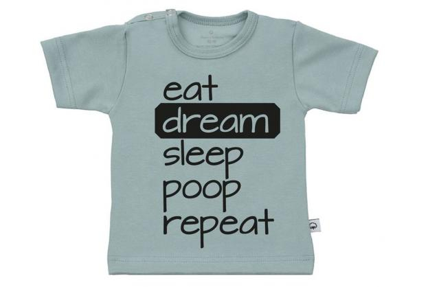 Wooden Buttons t-shirt lm eat dream sleep poop repeat old green